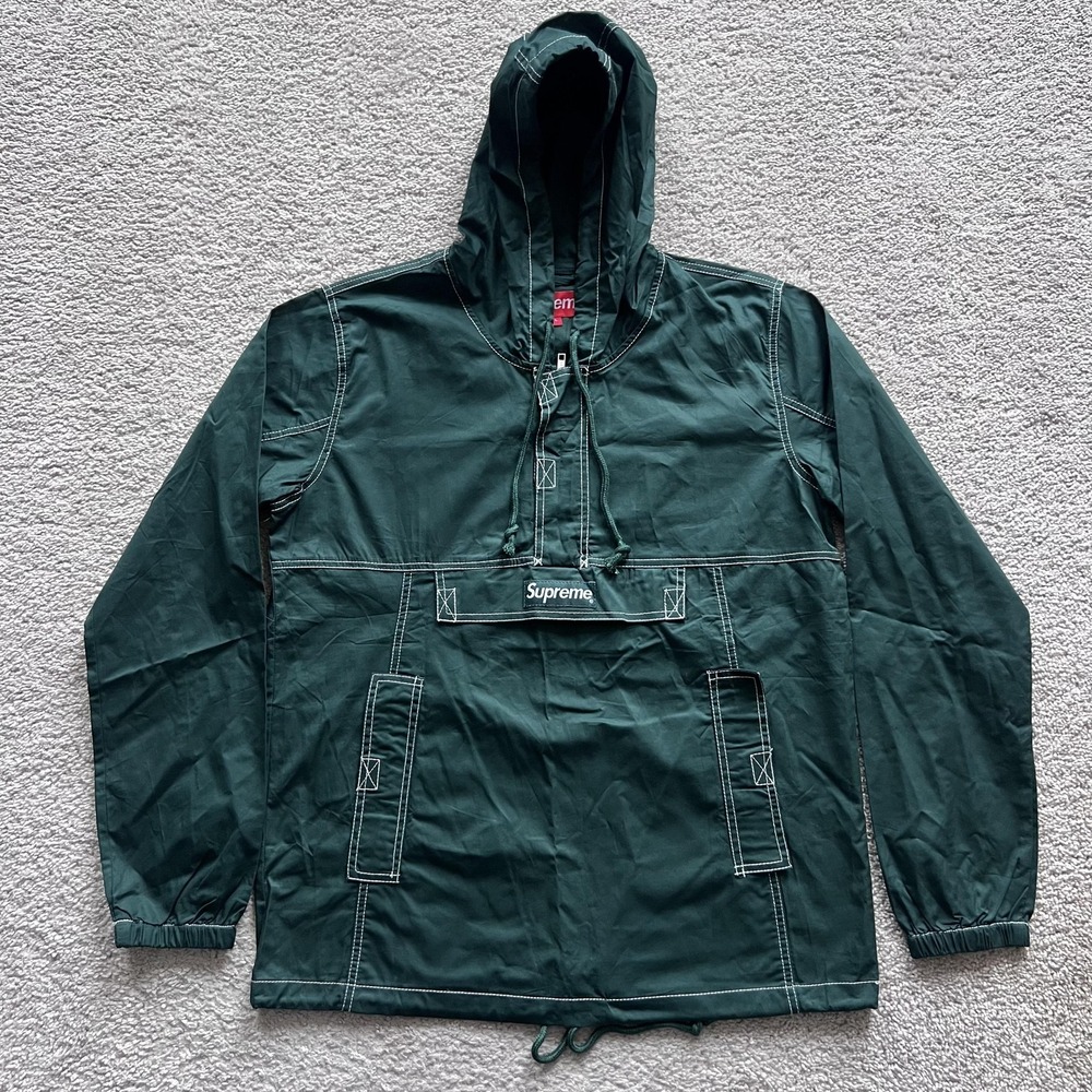 Supreme Contrast Stitch Twill Pullover Jacket Mens Large Green Hooded 1/4 Zip